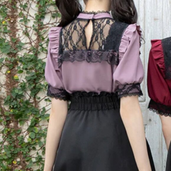 Dear My Love Purple and Black Lace Cross Ruffle Short Sleeve Blouse - Picture 3 of 4